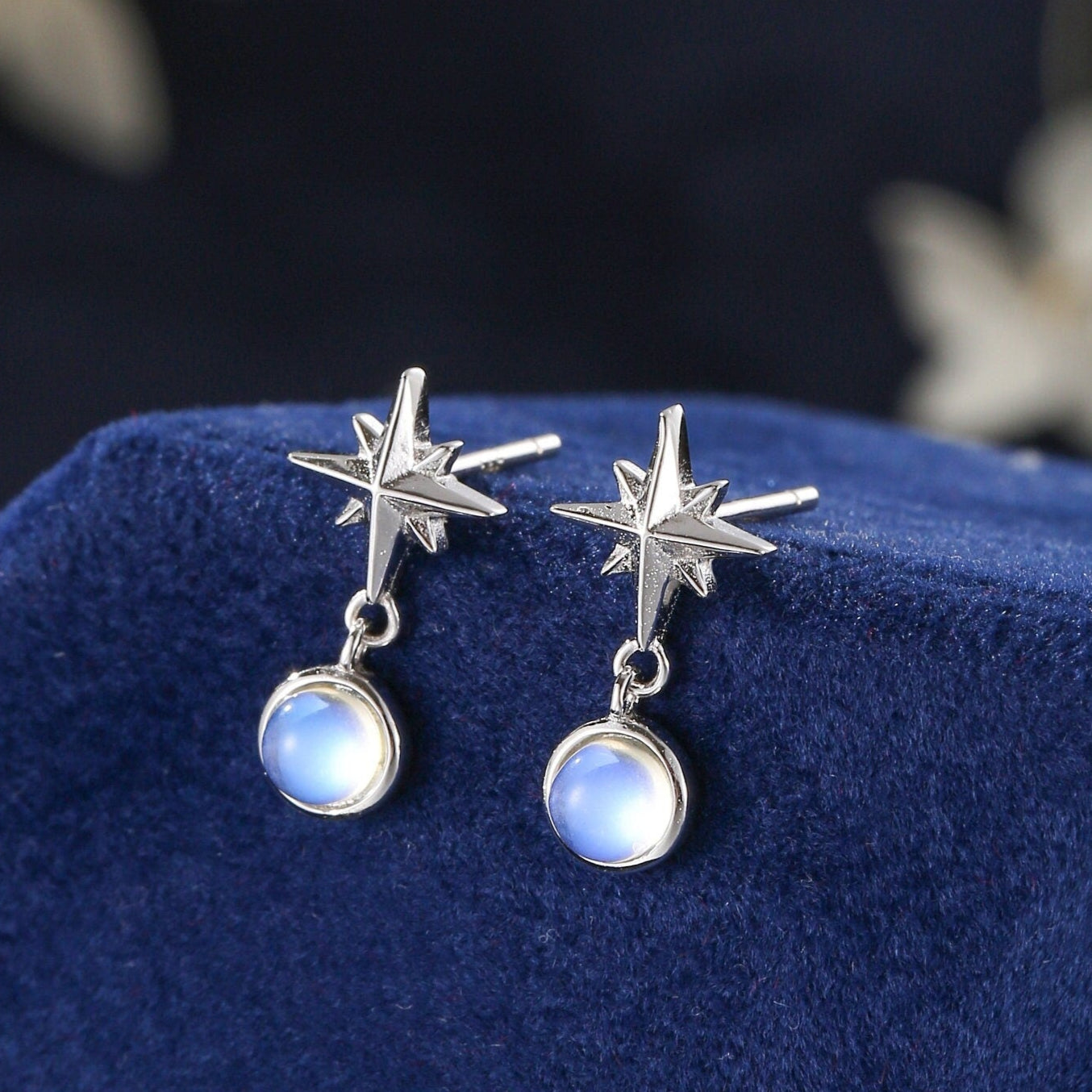 Tiny Starburst and Moonstone Stud Earrings in Sterling Silver, Silver, Gold or Rose Gold, Star Earrings, Sunburst Earrings, Celestial