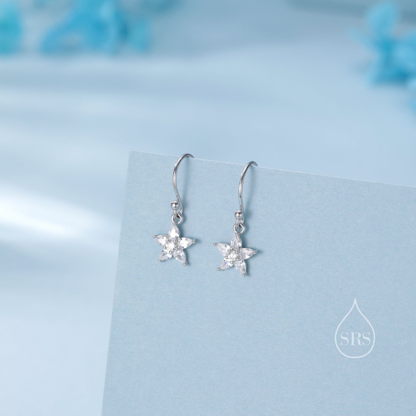 Sterling Silver Dainty CZ Flower Drop Dangle Earrings, Dainty Dangle Daisy Flower Drop Earrings, Silver Forget Me Not Hook Earrings