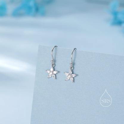 Sterling Silver Dainty CZ Flower Drop Dangle Earrings, Dainty Dangle Daisy Flower Drop Earrings, Silver Forget Me Not Hook Earrings