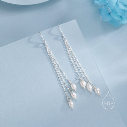 Genuine Freshwater Pearl Drop Earrings in Sterling Silver, Delicate Oval Pearl Cascade Dangle Earrings, Pearl Dangle Earring, Silver or Gold