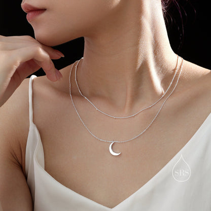 Double Layer Crescent Moon Pendant Necklace in Sterling Silver with a Satellite Chain - New Moon Necklace - Gold or Silver or Rose Gold