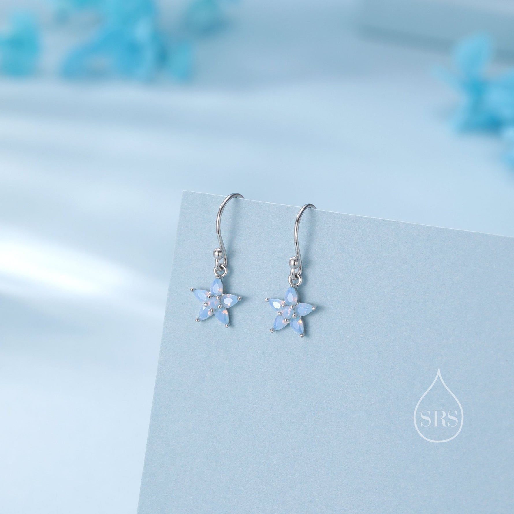 Sterling Silver Opal Blue CZ Flower Drop Dangle Earrings, Dainty Dangle Forget Me Not Flower Drop Earrings, Silver CZ Hook Earrings