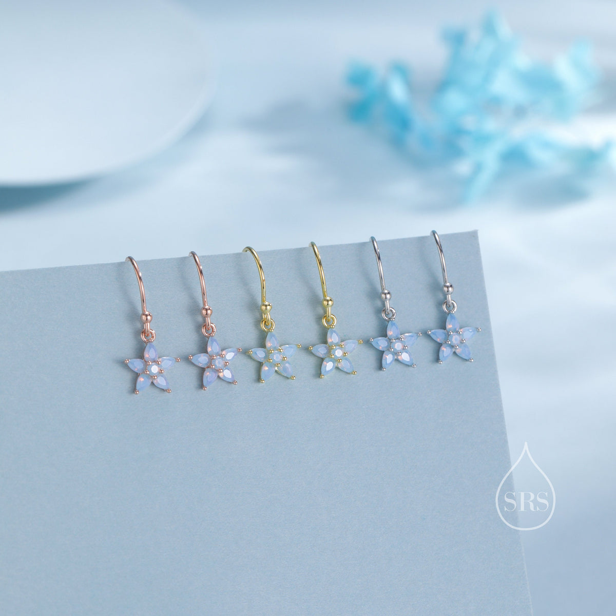 Sterling Silver Opal Blue CZ Flower Drop Dangle Earrings, Dainty Dangle Forget Me Not Flower Drop Earrings, Silver CZ Hook Earrings