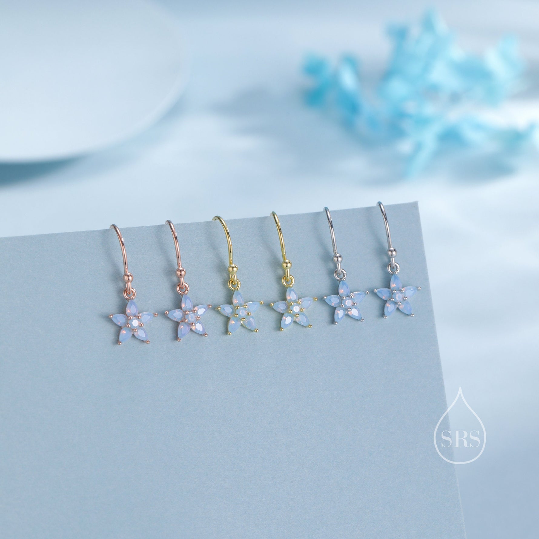 Sterling Silver Opal Blue CZ Flower Drop Dangle Earrings, Dainty Dangle Forget Me Not Flower Drop Earrings, Silver CZ Hook Earrings