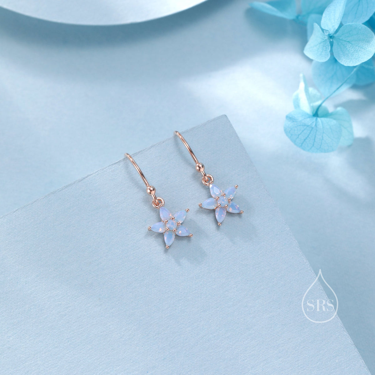 Sterling Silver Opal Blue CZ Flower Drop Dangle Earrings, Dainty Dangle Forget Me Not Flower Drop Earrings, Silver CZ Hook Earrings