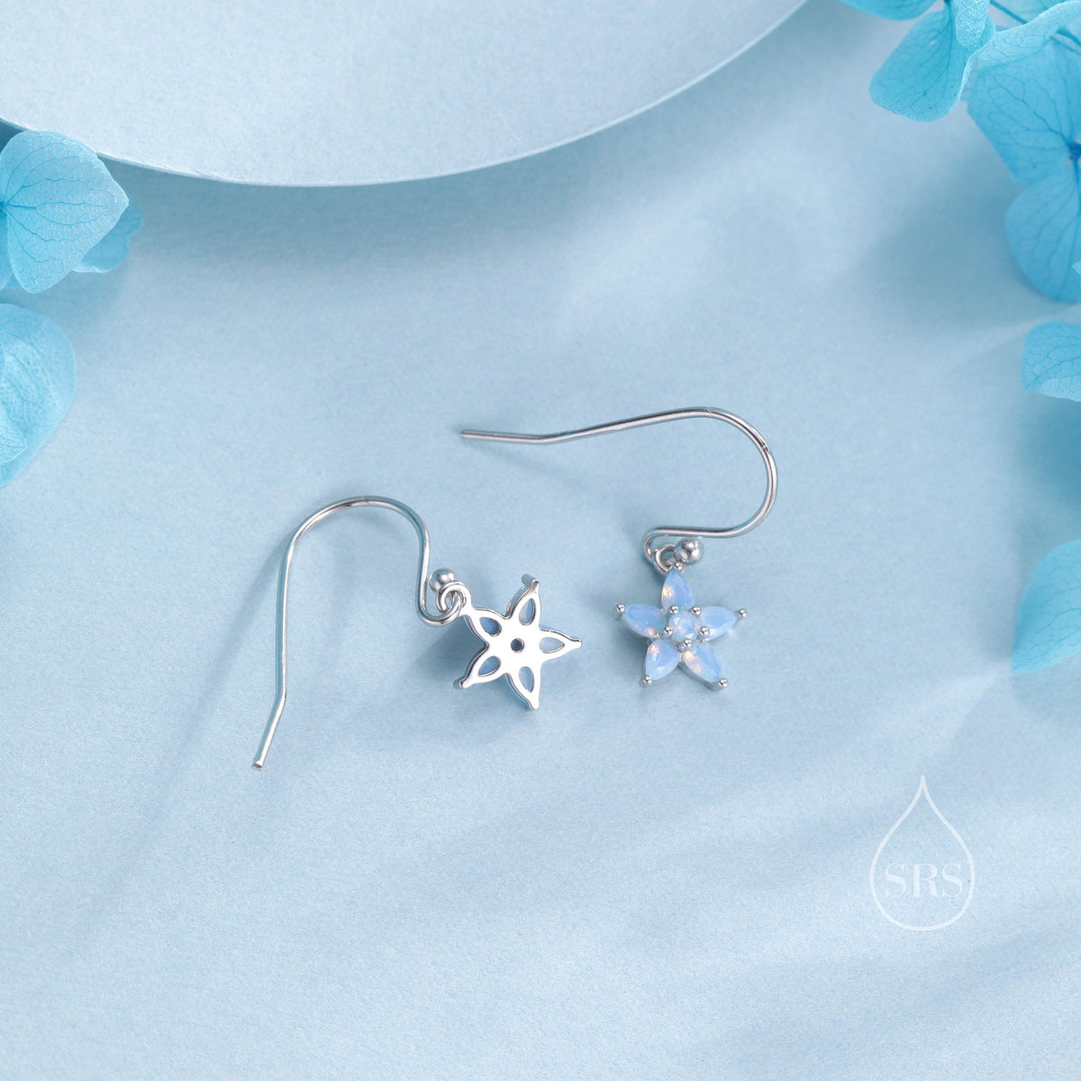 Sterling Silver Opal Blue CZ Flower Drop Dangle Earrings, Dainty Dangle Forget Me Not Flower Drop Earrings, Silver CZ Hook Earrings