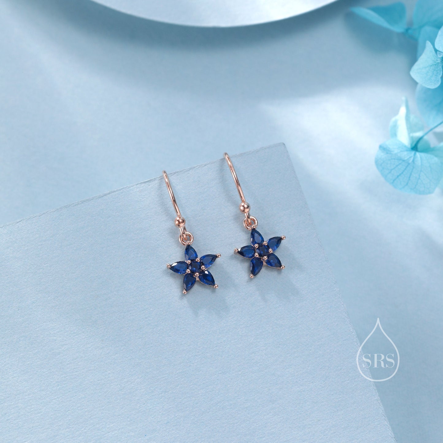 Sterling Silver Sapphire Blue CZ Flower Drop Dangle Earrings, Dainty Dangle Forget Me Not Flower Drop Earrings, Silver CZ Hook Earrings