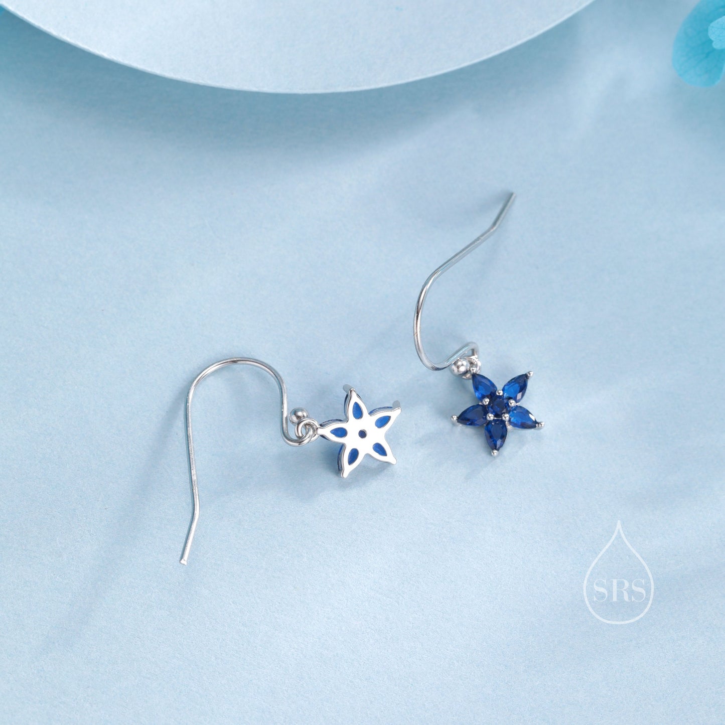 Sterling Silver Sapphire Blue CZ Flower Drop Dangle Earrings, Dainty Dangle Forget Me Not Flower Drop Earrings, Silver CZ Hook Earrings