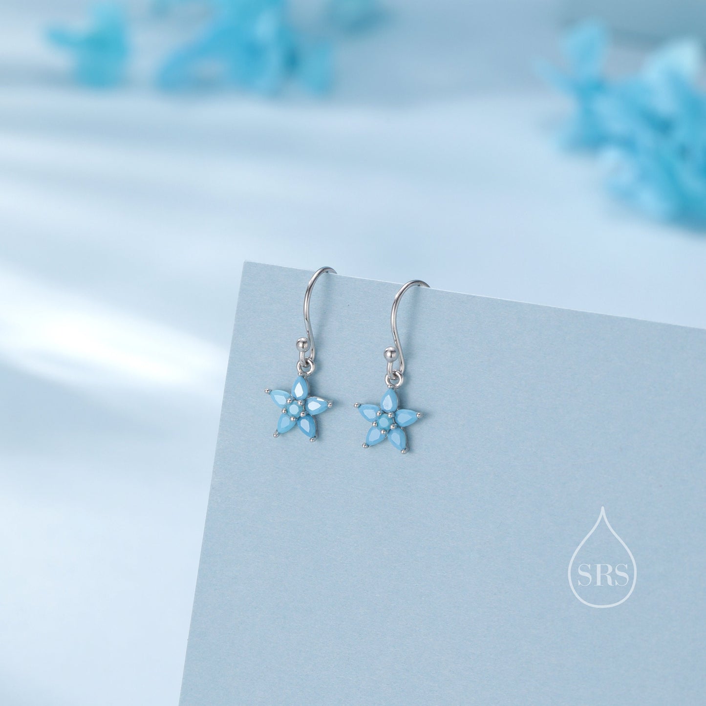 Sterling Silver Turquoise Blue CZ Flower Drop Dangle Earrings, Dainty Dangle Forget Me Not Flower Drop Earrings, Silver CZ Hook Earrings