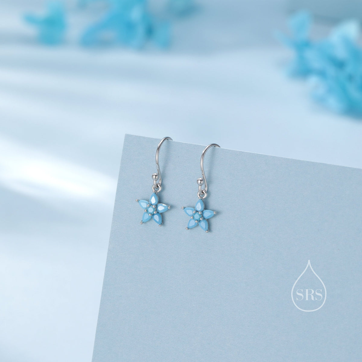 Sterling Silver Turquoise Blue CZ Flower Drop Dangle Earrings, Dainty Dangle Forget Me Not Flower Drop Earrings, Silver CZ Hook Earrings
