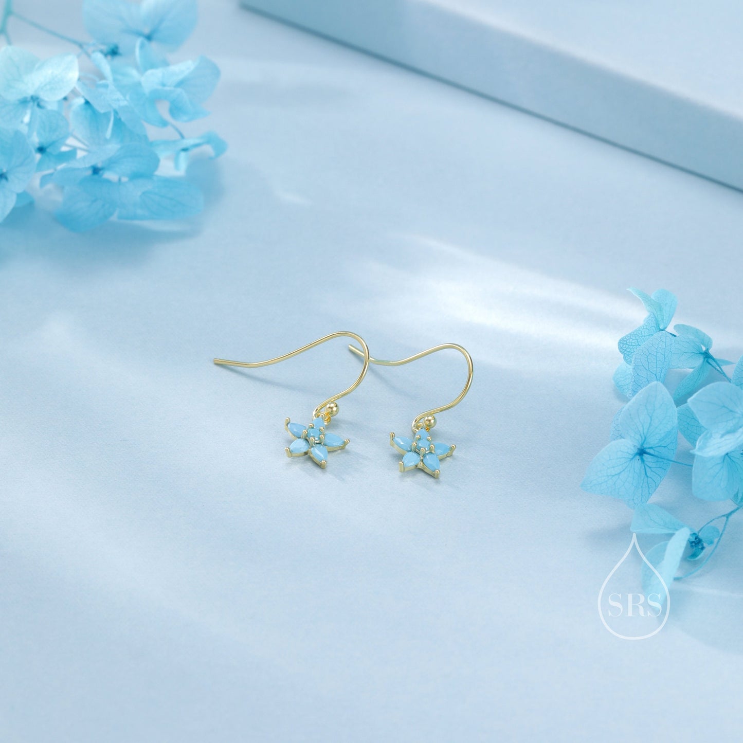 Sterling Silver Turquoise Blue CZ Flower Drop Dangle Earrings, Dainty Dangle Forget Me Not Flower Drop Earrings, Silver CZ Hook Earrings