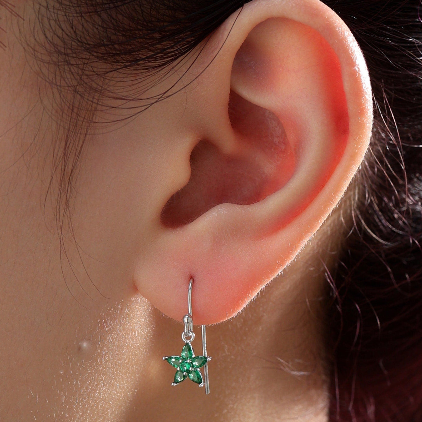 Sterling Silver Emerald Green CZ Flower Drop Dangle Earrings, Dainty Dangle Forget Me Not Flower Drop Earrings, Silver CZ Hook Earrings