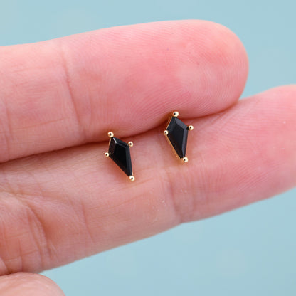 Extra Tiny Black CZ Rhombus Stud Earrings in Sterling Silver, Silver or Gold, Kite Shape Crystal Earrings, Stacking Earrings