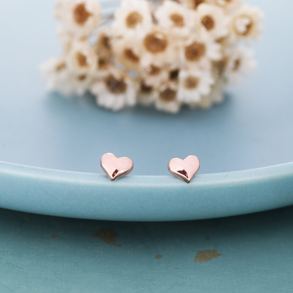 Tiny Pair of Heart Stud Earrings in Sterling Silver, Simple Stud, Silver and Rose Gold, Minimalist and Stylish