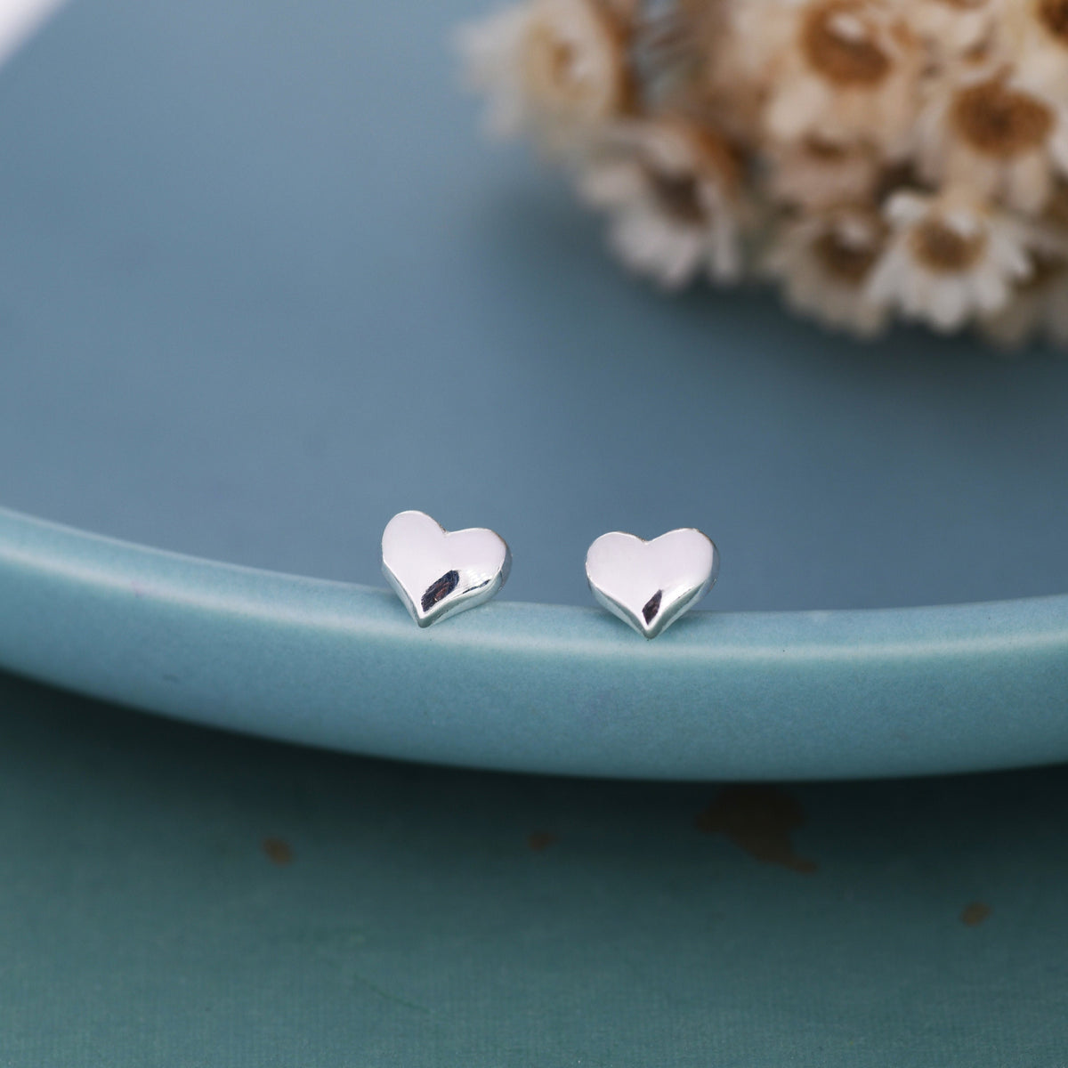 Tiny Pair of Heart Stud Earrings in Sterling Silver, Simple Stud, Silver and Rose Gold, Minimalist and Stylish