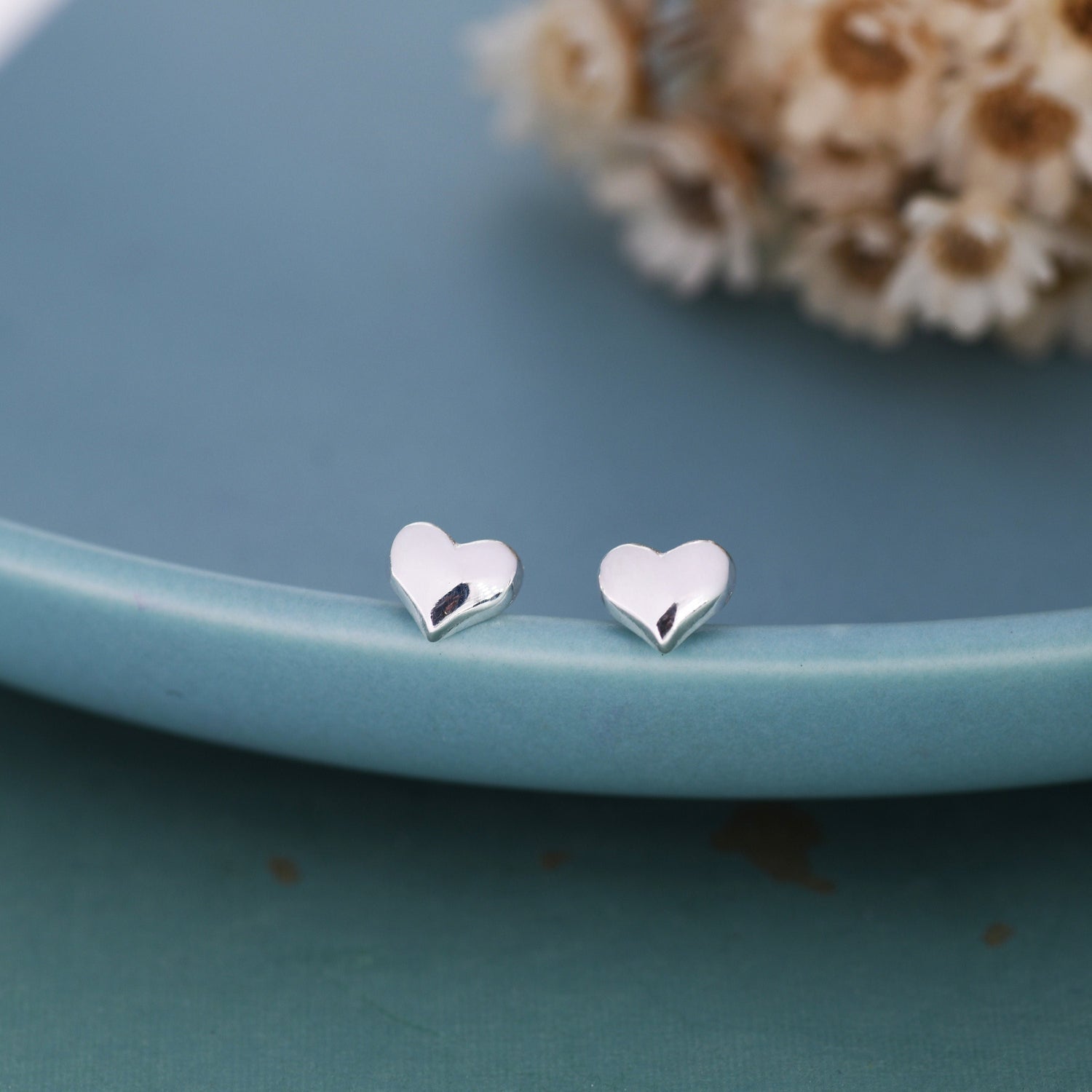 Tiny Pair of Heart Stud Earrings in Sterling Silver, Simple Stud, Silver and Rose Gold, Minimalist and Stylish