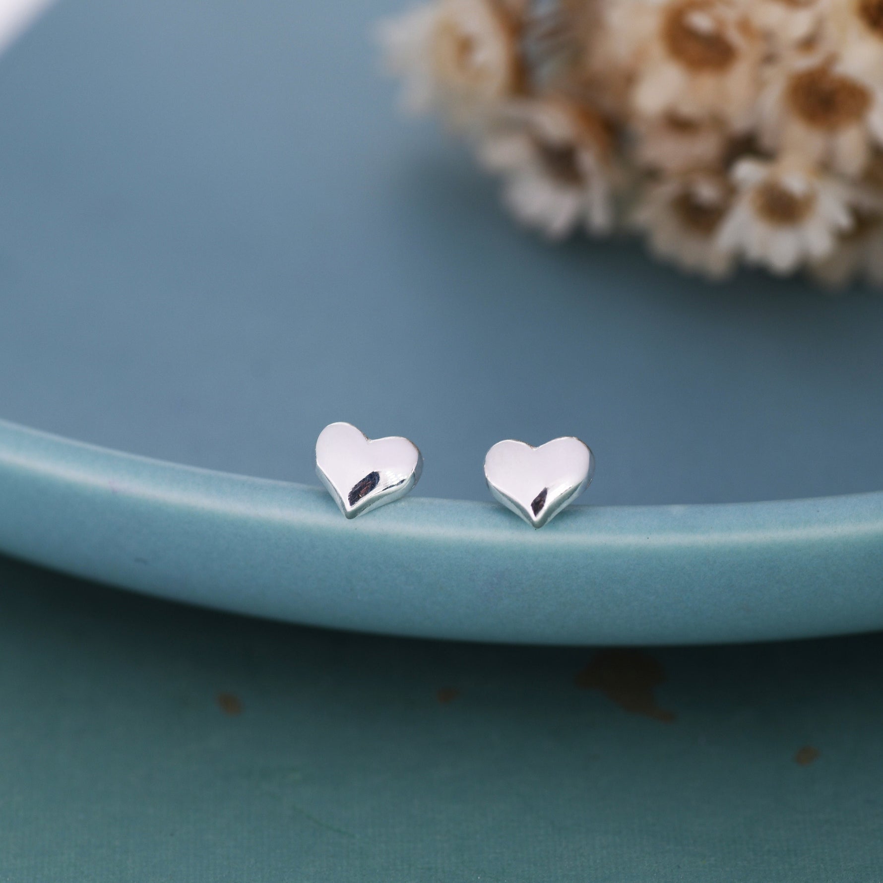 Tiny Pair of Heart Stud Earrings in Sterling Silver, Simple Stud, Silver and Rose Gold, Minimalist and Stylish