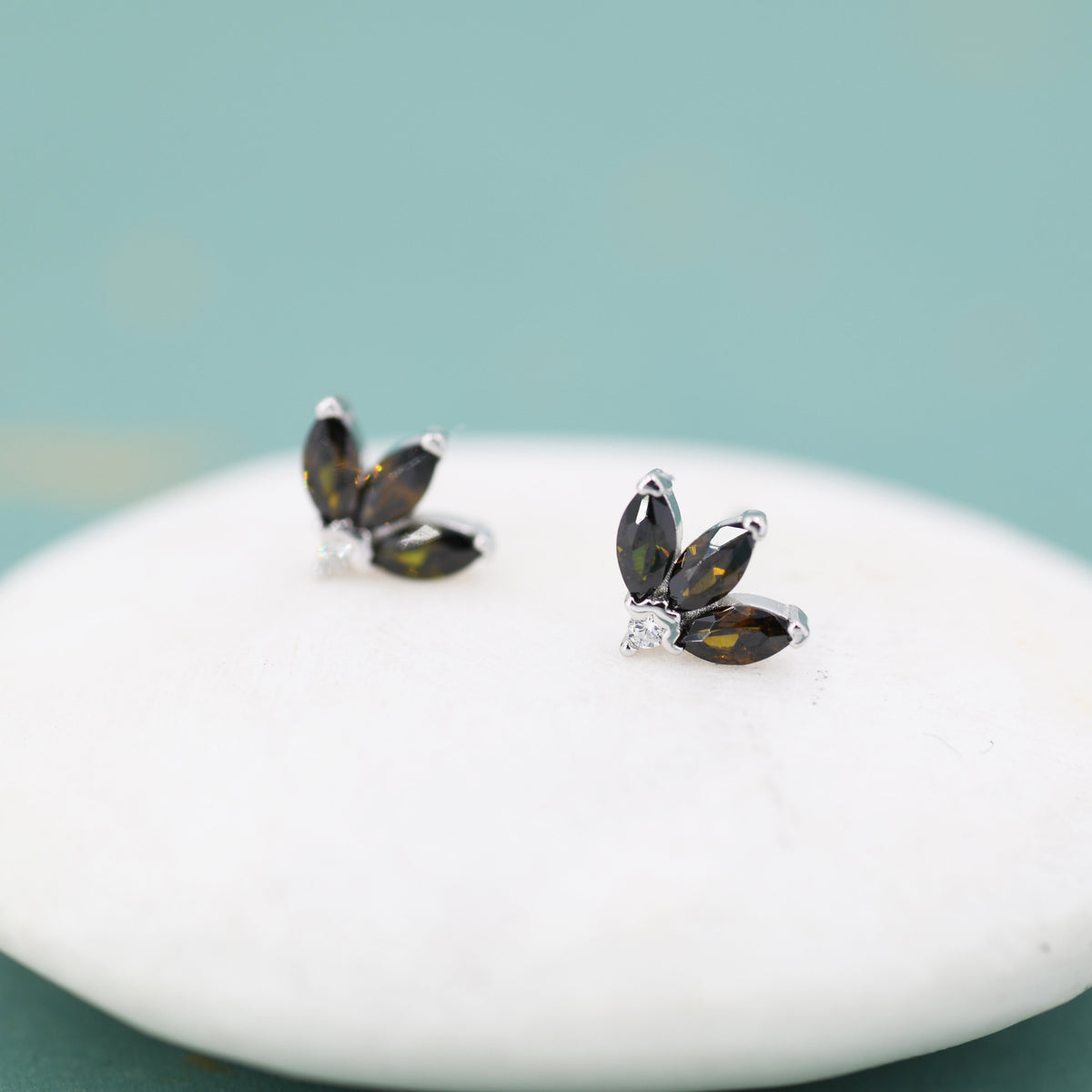 Sterling Silver Tiny Coffee CZ Marquise Cluster Stud Earrings, Gold or Silver, Marquise Fan Stud, CZ Crown Stud, Three Marquise Stud