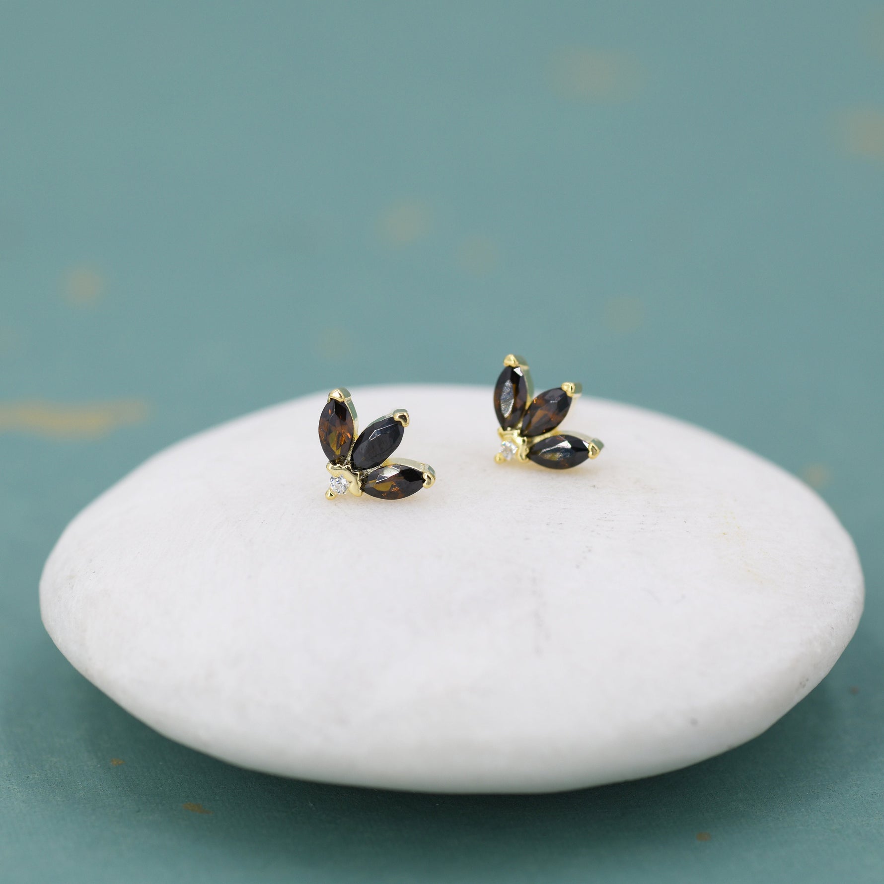 Sterling Silver Tiny Coffee CZ Marquise Cluster Stud Earrings, Gold or Silver, Marquise Fan Stud, CZ Crown Stud, Three Marquise Stud