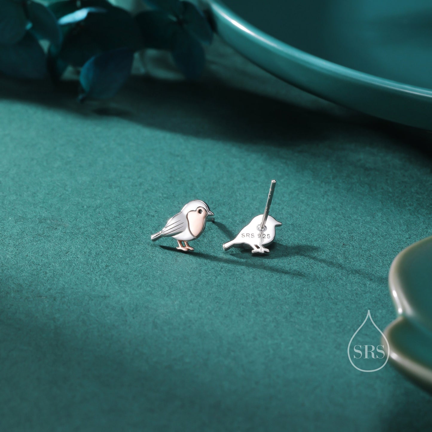 Baby Robin Bird Stud Earrings in Sterling Silver, Partial Rose Gold Coating, British Bird Earrings, Nature Inspired Animal Earrings