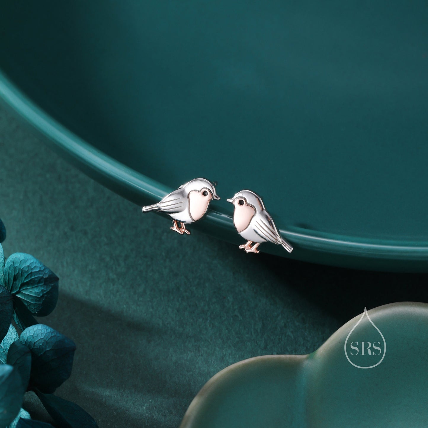 Baby Robin Bird Stud Earrings in Sterling Silver, Partial Rose Gold Coating, British Bird Earrings, Nature Inspired Animal Earrings