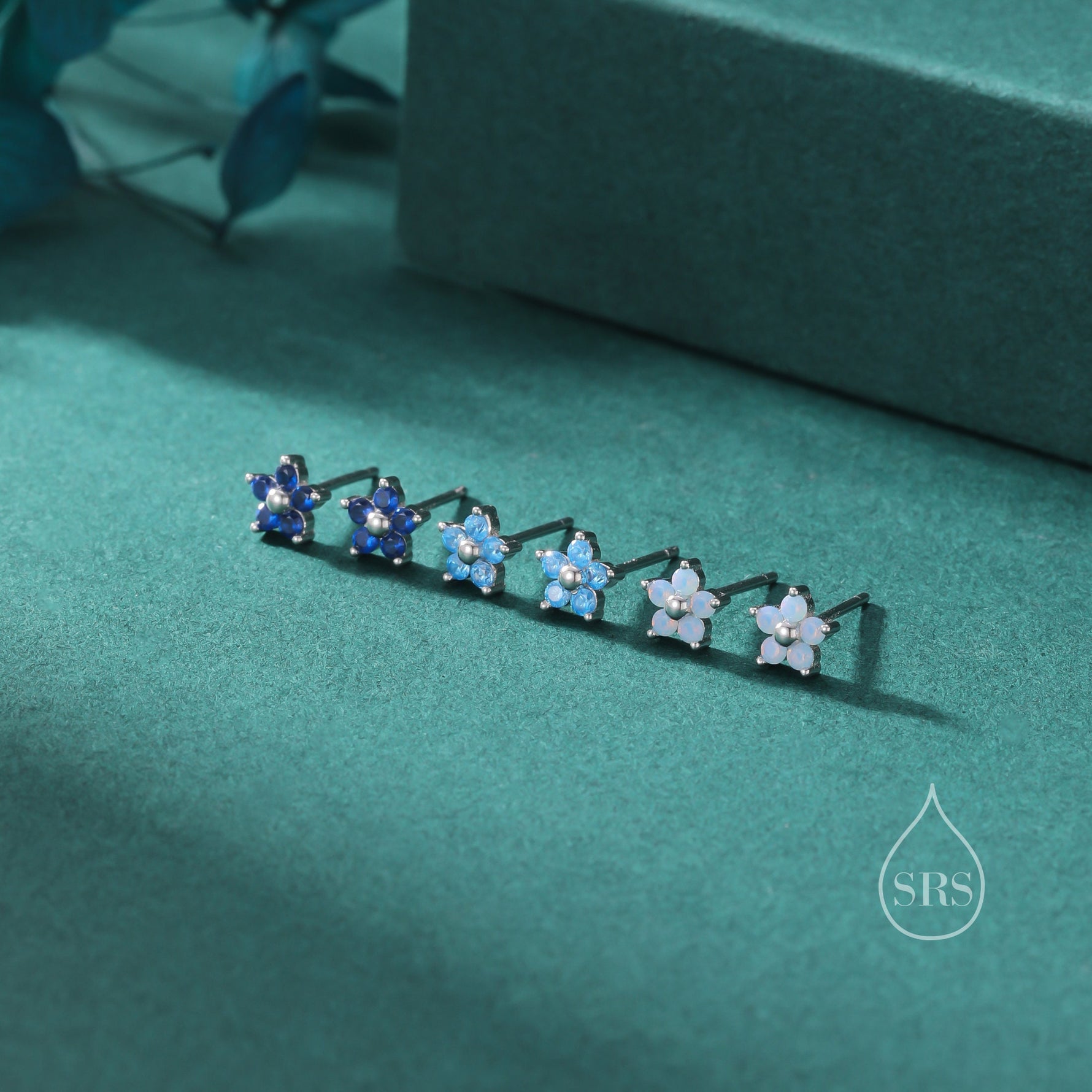 Tiny Sapphire Blue CZ Flower Stud Earrings in Sterling Silver, Silver or Gold, Blue CZ Flower Stud Earrings, Forget me not Flower Earrings