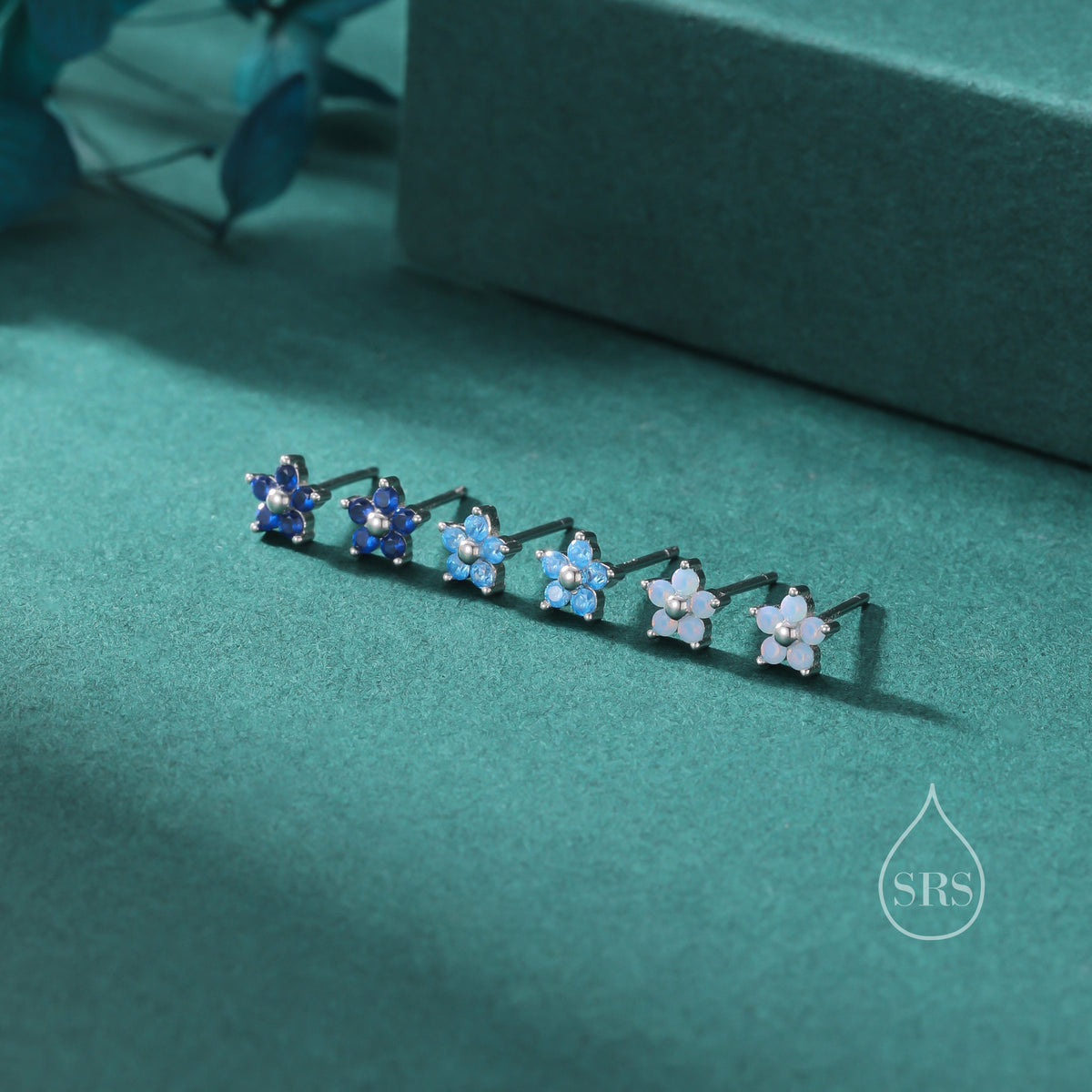 Tiny Opal Blue CZ Flower Stud Earrings in Sterling Silver, Silver or Gold, Blue CZ Flower Stud Earrings, Forget me not Flower Earrings
