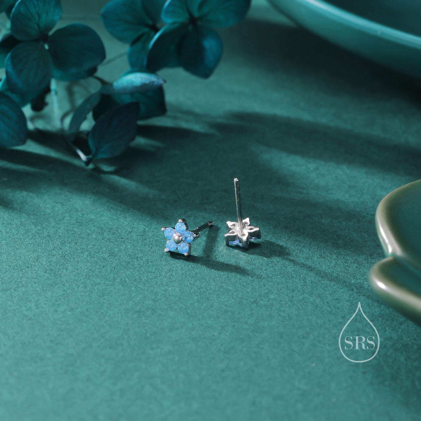 Tiny Blue CZ Flower Stud Earrings in Sterling Silver, Silver or Gold, Aquamarine Blue CZ Flower Stud Earrings, Forget me not Flower Earring