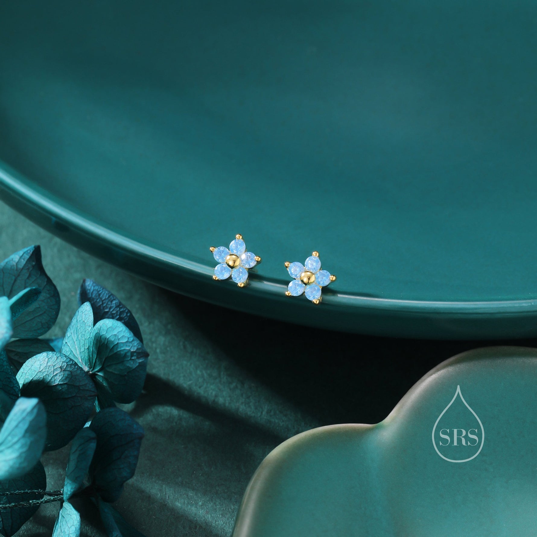 Tiny Blue CZ Flower Stud Earrings in Sterling Silver, Silver or Gold, Aquamarine Blue CZ Flower Stud Earrings, Forget me not Flower Earring