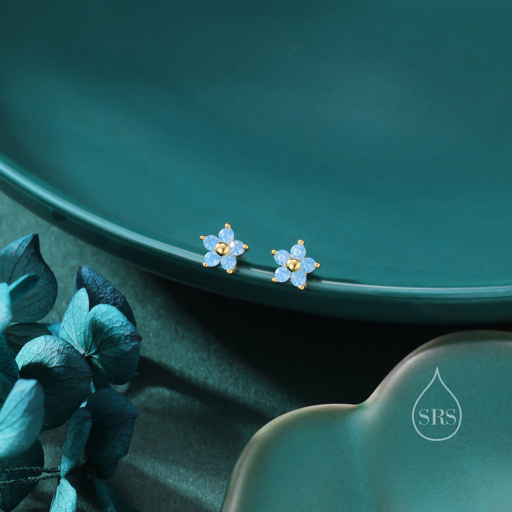 Tiny Blue CZ Flower Stud Earrings in Sterling Silver, Silver or Gold, Aquamarine Blue CZ Flower Stud Earrings, Forget me not Flower Earring