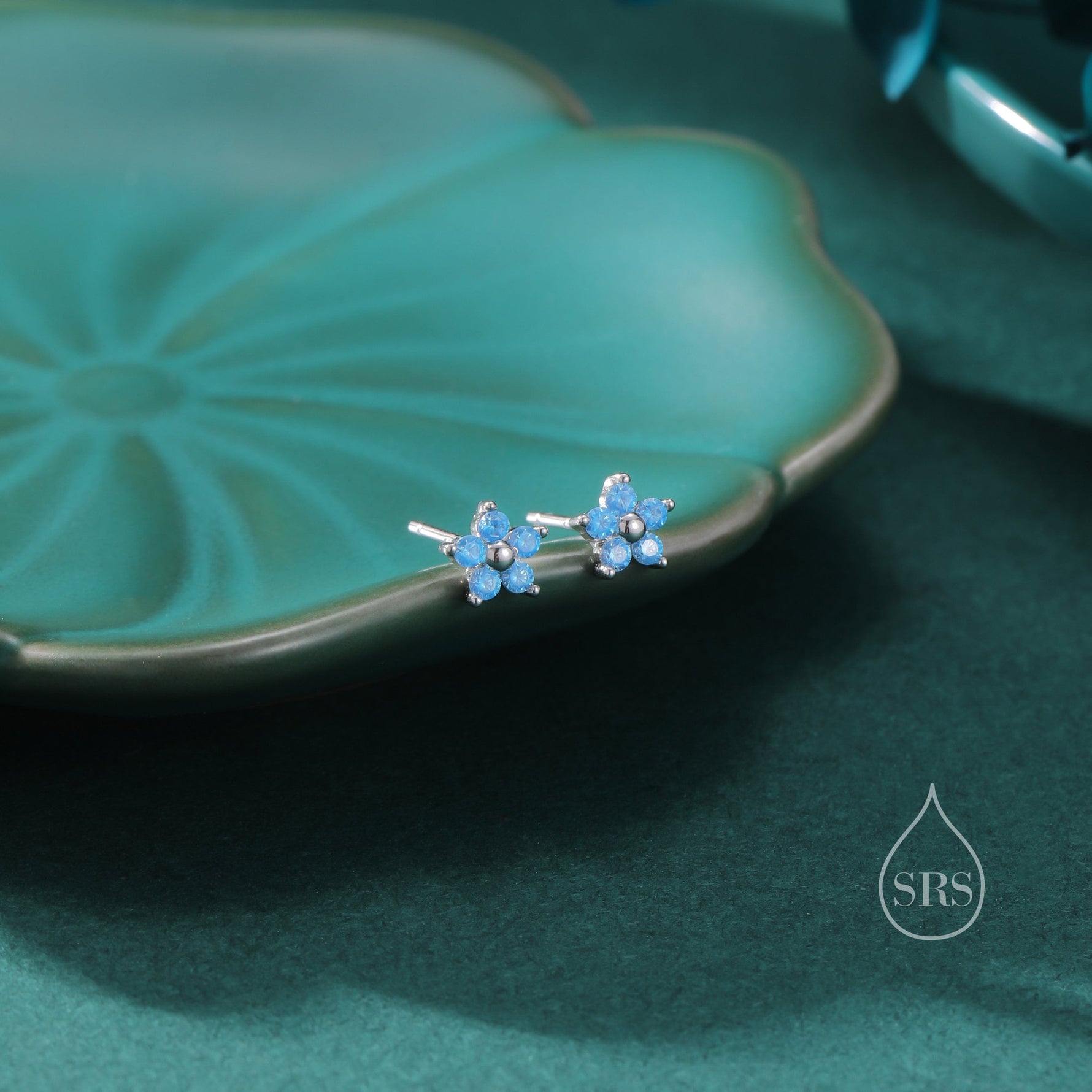 Tiny Blue CZ Flower Stud Earrings in Sterling Silver, Silver or Gold, Aquamarine Blue CZ Flower Stud Earrings, Forget me not Flower Earring