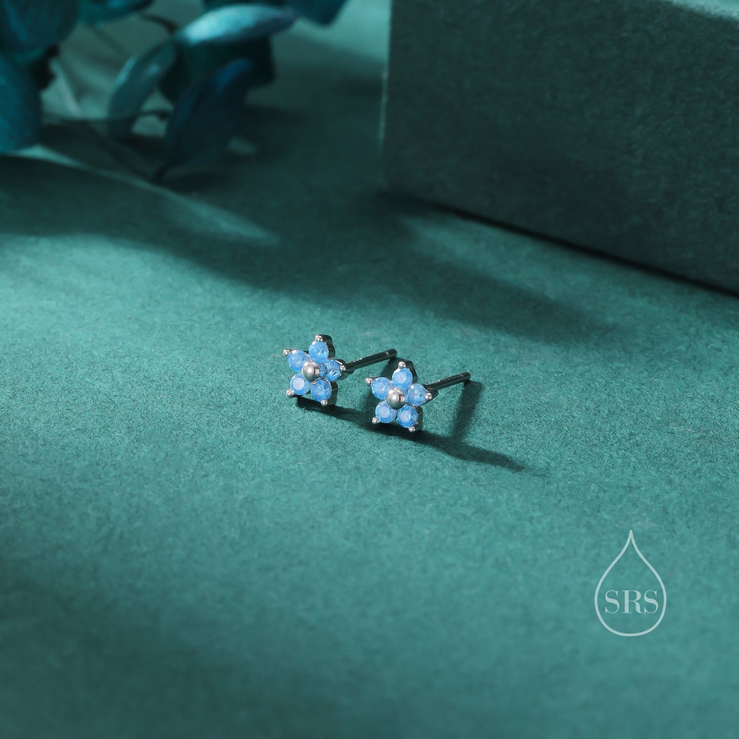 Tiny Blue CZ Flower Stud Earrings in Sterling Silver, Silver or Gold, Aquamarine Blue CZ Flower Stud Earrings, Forget me not Flower Earring
