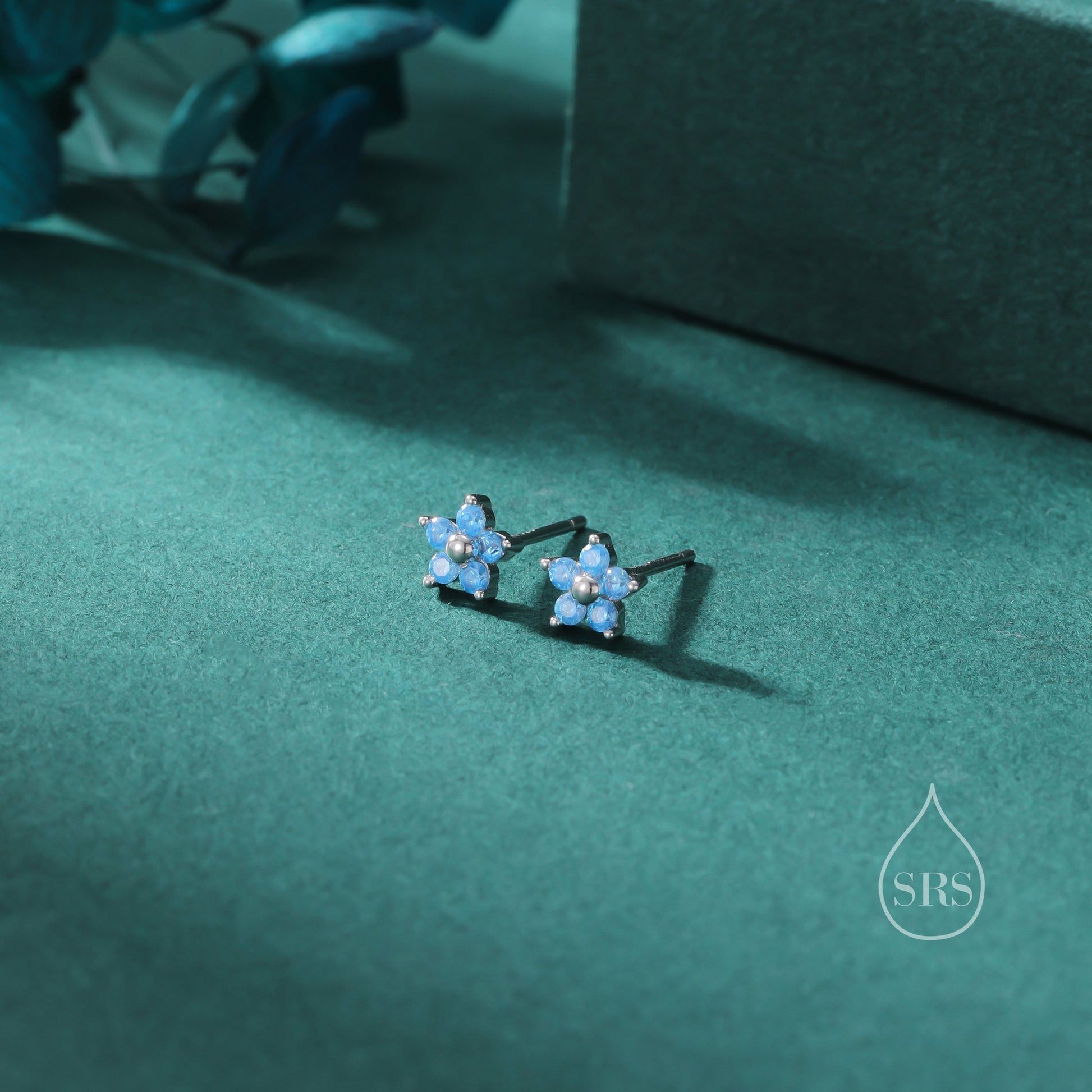 Tiny Blue CZ Flower Stud Earrings in Sterling Silver, Silver or Gold, Aquamarine Blue CZ Flower Stud Earrings, Forget me not Flower Earring