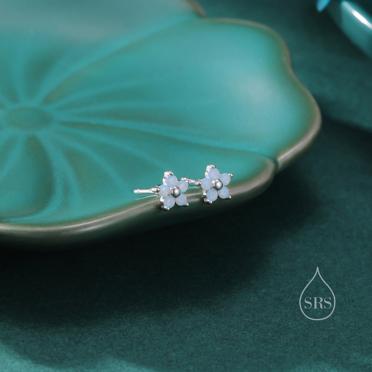 Tiny Opal Blue CZ Flower Stud Earrings in Sterling Silver, Silver or Gold, Blue CZ Flower Stud Earrings, Forget me not Flower Earrings