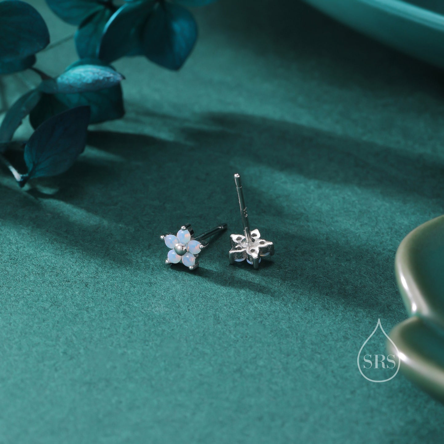 Tiny Opal Blue CZ Flower Stud Earrings in Sterling Silver, Silver or Gold,  Blue CZ Flower Stud Earrings, Forget me not Flower Earrings