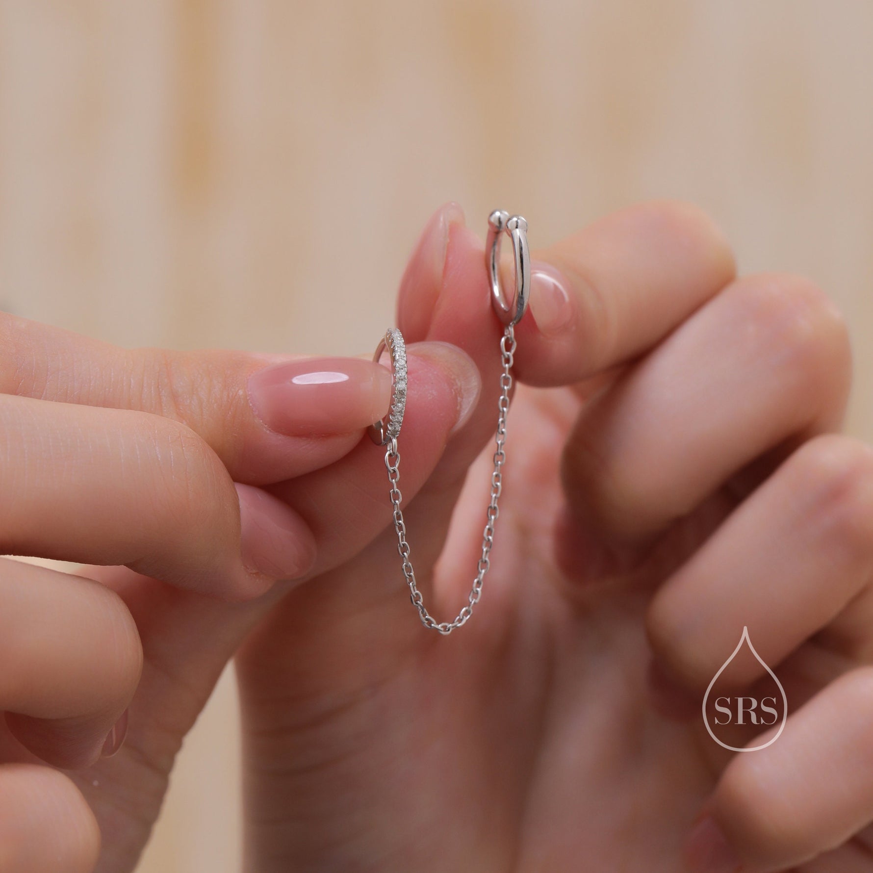 CZ Hoop and Cuff Huggie Hoop Earrings in Sterling Silver, Available in Silver, Gold or Rose Gold, Chain Dangle Earrings, Chain Hoops
