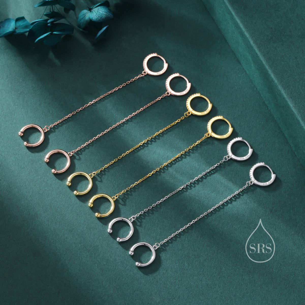CZ Hoop and Cuff Huggie Hoop Earrings in Sterling Silver, Available in Silver, Gold or Rose Gold, Chain Dangle Earrings, Chain Hoops