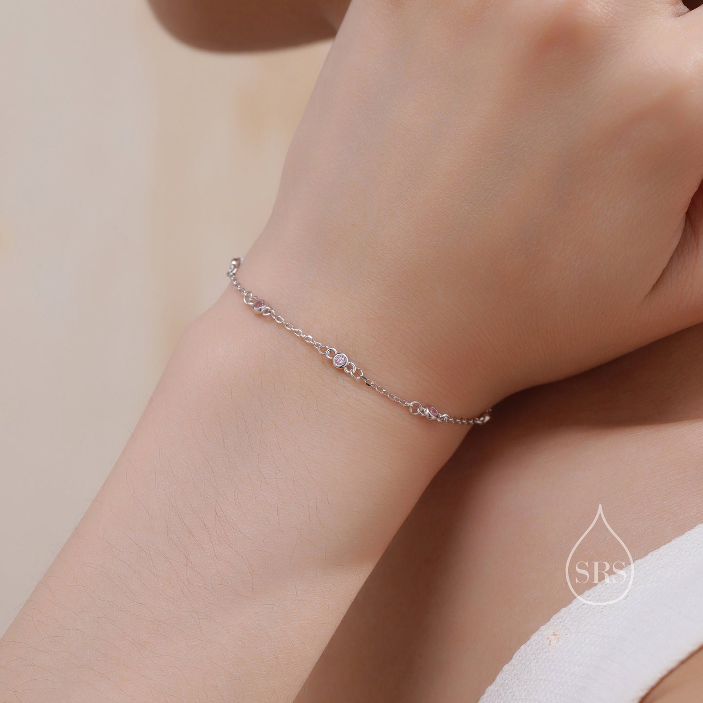 Sterling Silver Extra Delicate Pink CZ Bezel Bracelet, Silver or Gold, CZ Satellite Bracelet, Tiny Delicate CZ Bracelet