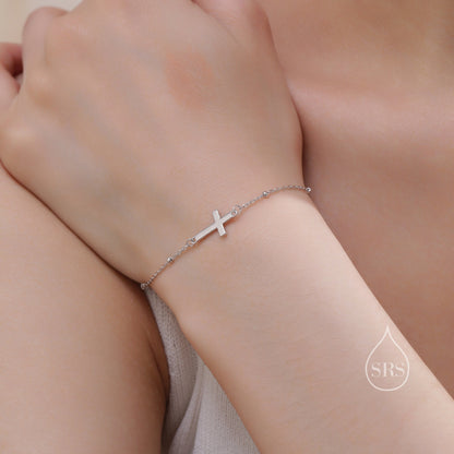Dainty Cross Bracelet/Anklet with Satellite Chain in Sterling Silver, Silver or Gold or Rose Gold, Minimal Cross Bracelet, Minimalist
