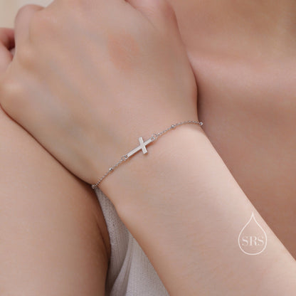 Dainty Cross Bracelet/Anklet with Satellite Chain in Sterling Silver, Silver or Gold or Rose Gold,  Minimal Cross Bracelet, Minimalist