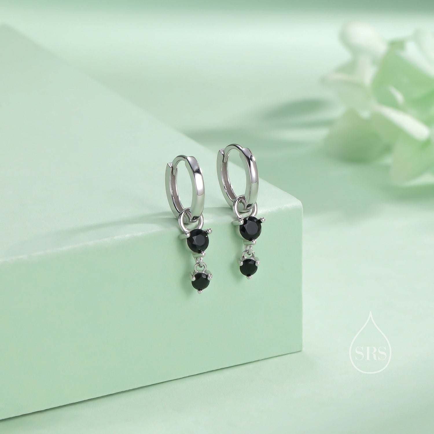 Double Black CZ Huggie Hoop Earrings in Sterling Silver, Silver or Gold, Detachable Charm Hoops, Geometric Hoop Earrings