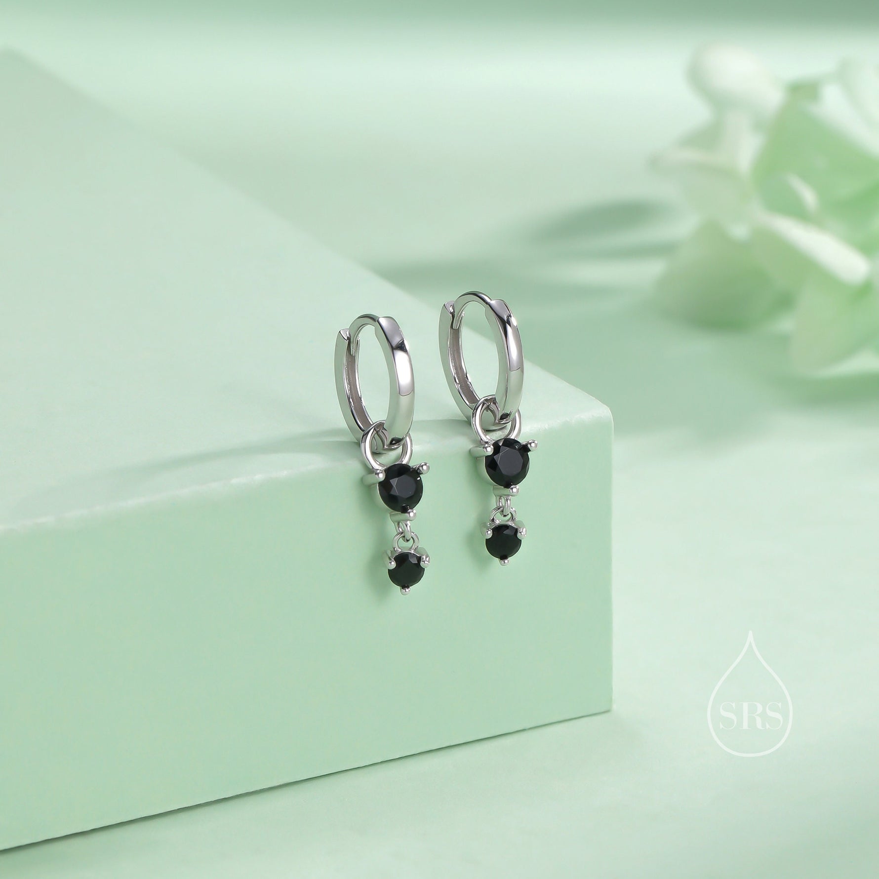 Double Black CZ Huggie Hoop Earrings in Sterling Silver, Silver or Gold, Detachable Charm Hoops, Geometric Hoop Earrings