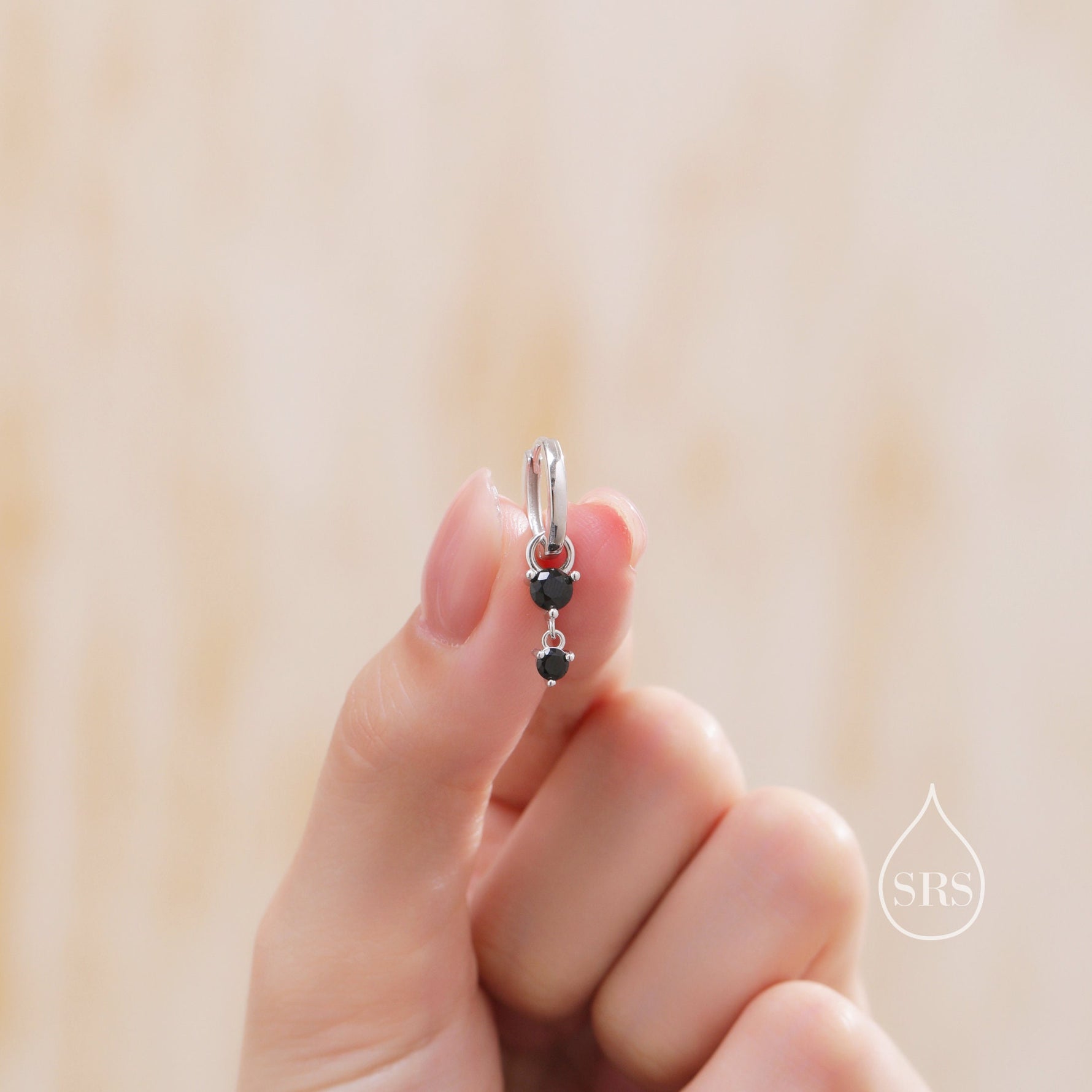 Double Black CZ Huggie Hoop Earrings in Sterling Silver, Silver or Gold, Detachable Charm Hoops, Geometric Hoop Earrings