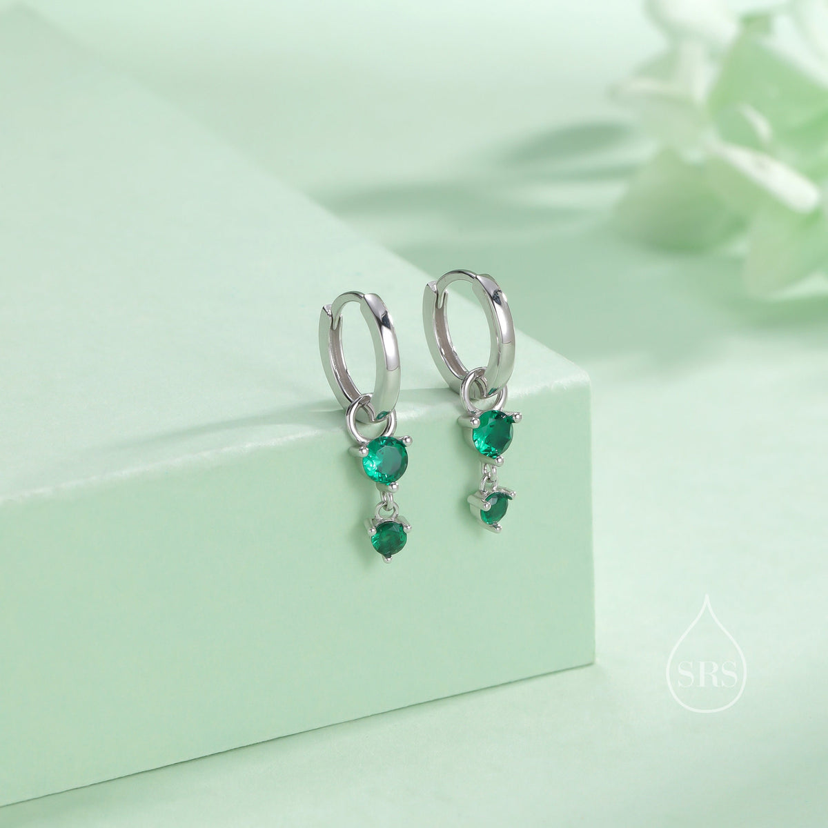 Double Emerald Green CZ Huggie Hoop Earrings in Sterling Silver, Silver or Gold, Detachable Charm Hoops, Geometric Hoop Earrings