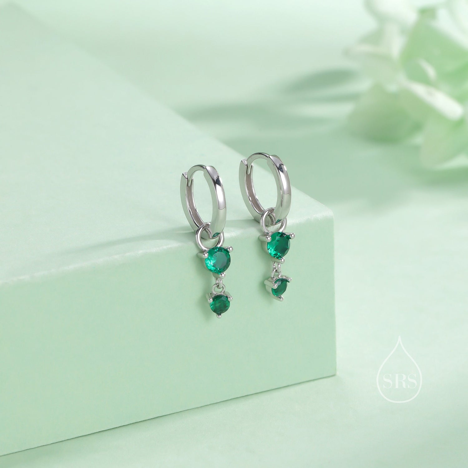 Double Emerald Green CZ Huggie Hoop Earrings in Sterling Silver, Silver or Gold, Detachable Charm Hoops, Geometric Hoop Earrings