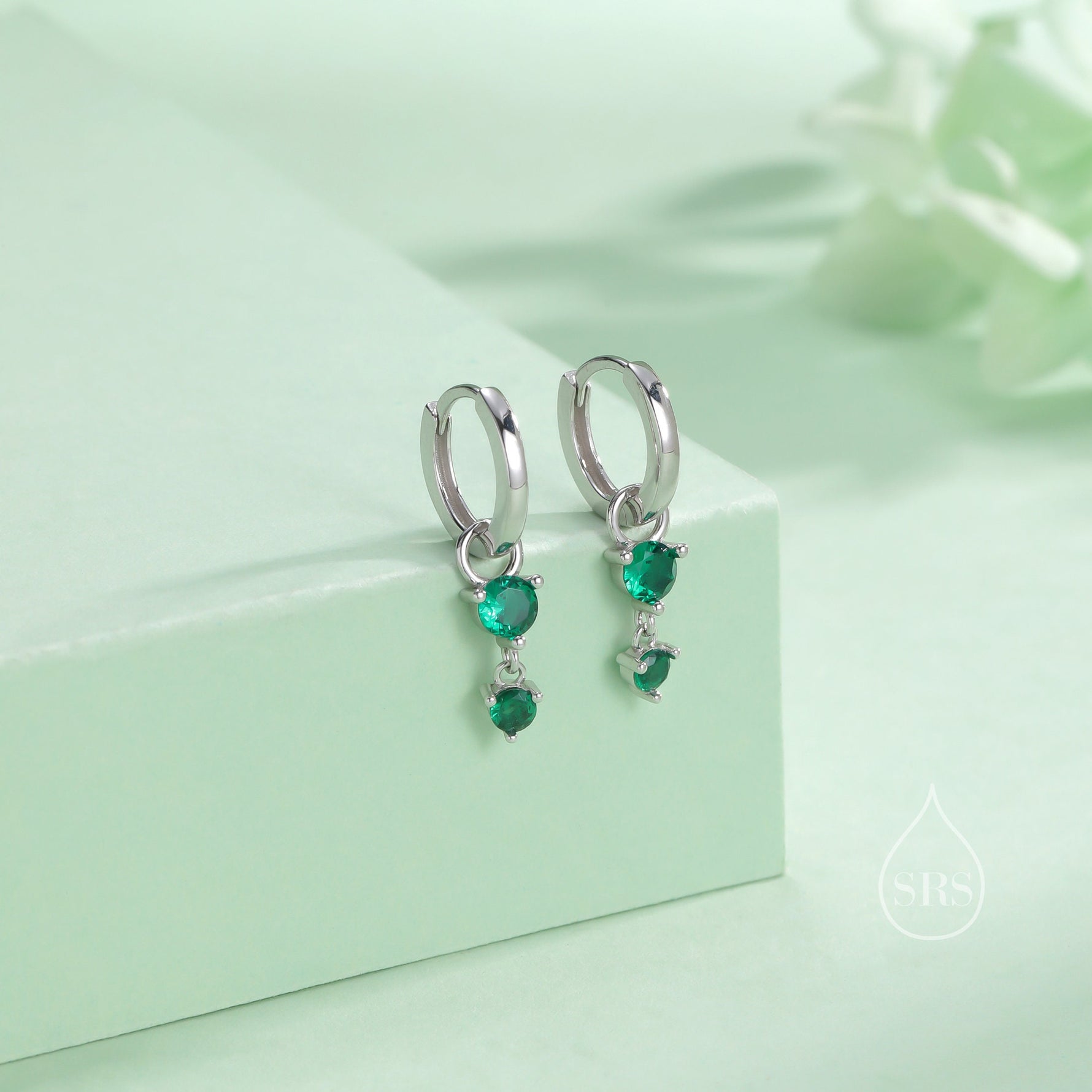 Double Emerald Green CZ Huggie Hoop Earrings in Sterling Silver, Silver or Gold, Detachable Charm Hoops, Geometric Hoop Earrings