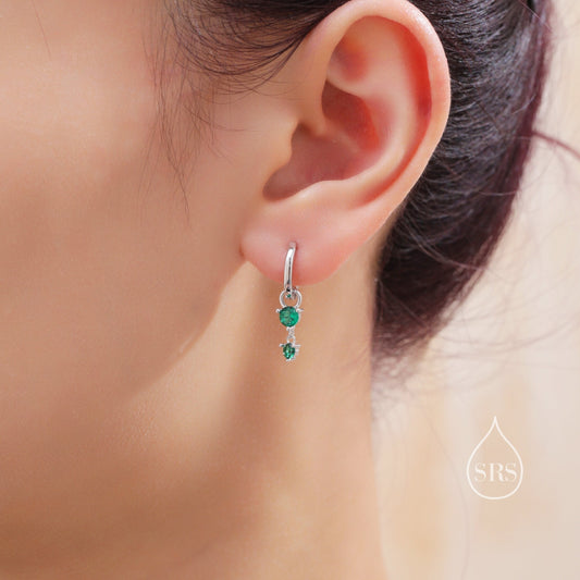 Double Emerald Green CZ Huggie Hoop Earrings in Sterling Silver, Silver or Gold, Detachable Charm Hoops, Geometric Hoop Earrings