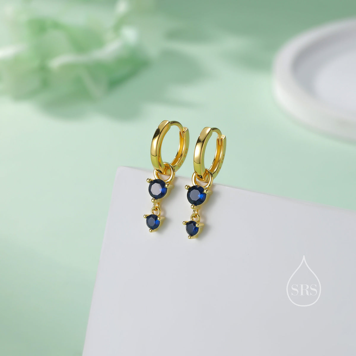 Double Sapphire Blue CZ Huggie Hoop Earrings in Sterling Silver, Silver or Gold, Detachable Charm Hoops, Geometric Hoop Earrings