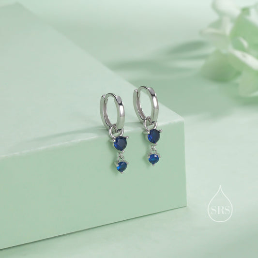 Double Sapphire Blue CZ Huggie Hoop Earrings in Sterling Silver, Silver or Gold, Detachable Charm Hoops, Geometric Hoop Earrings