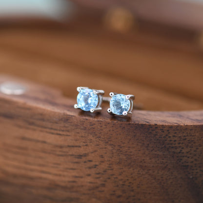 Extra Tiny 3mm Natural Swiss Blue Topaz Stud Earrings in Sterling Silver, Four Prong Set, Genuine Blue Topaz Gemstone Stud, Minimalist Style